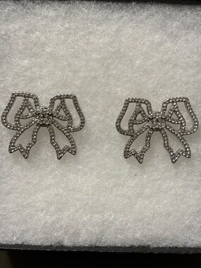 CC Diamond Bow Stud Earrings in Silver Tone